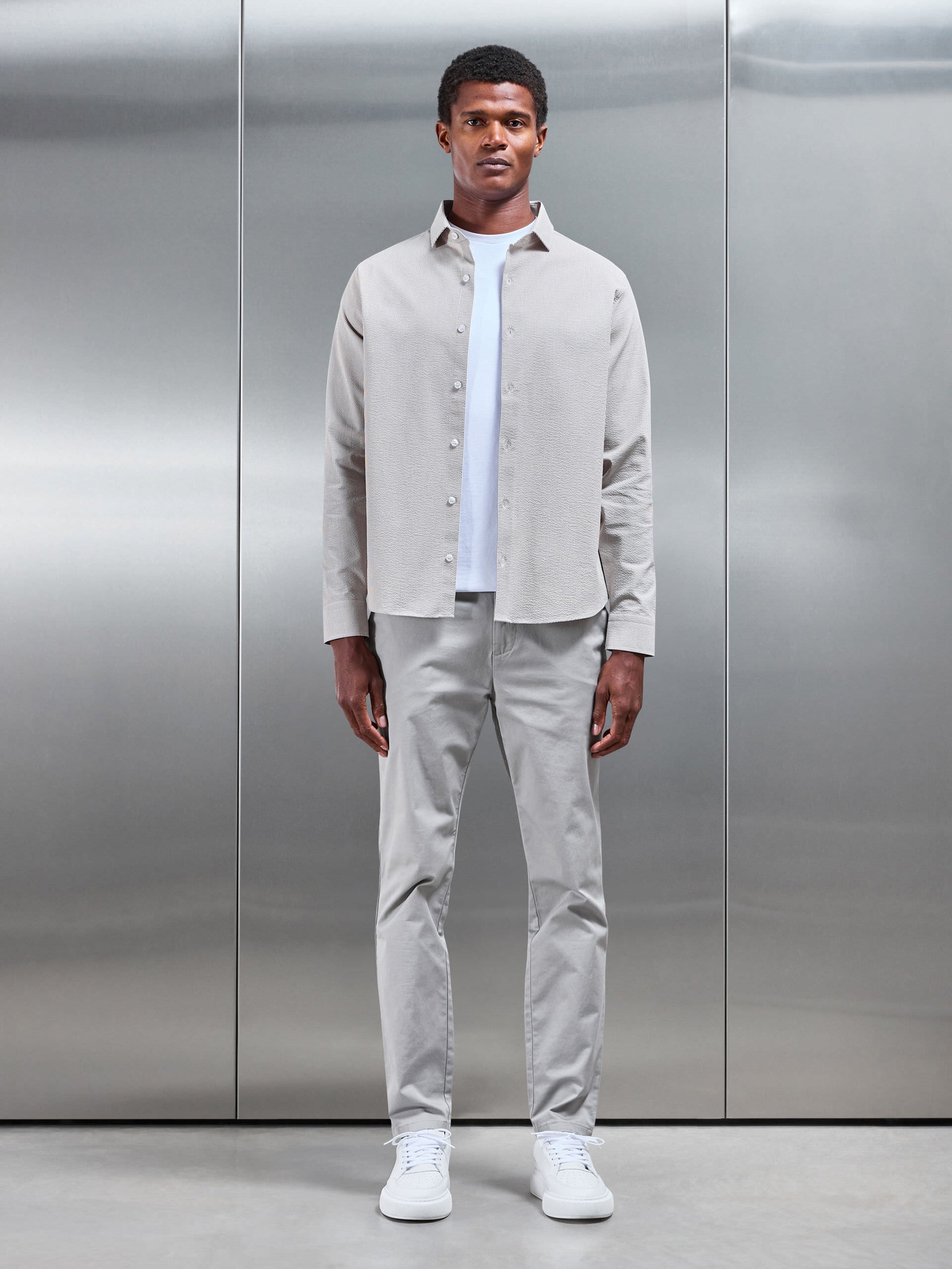 Fine Stripe Long Sleeve Cutaway Collar Shirt in Stone