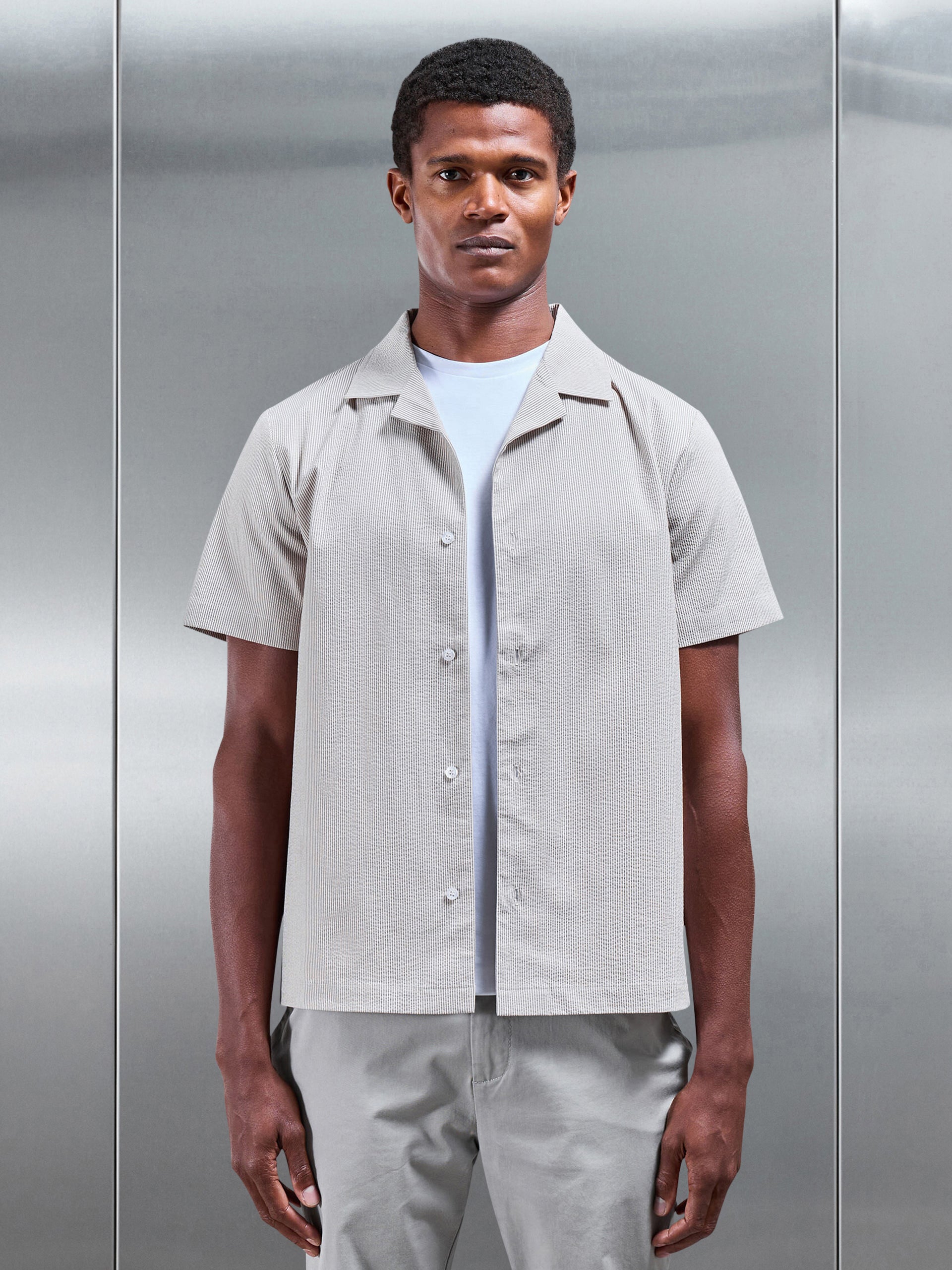 Fine Stripe Short Sleeve Revere Collar Shirt in Stone