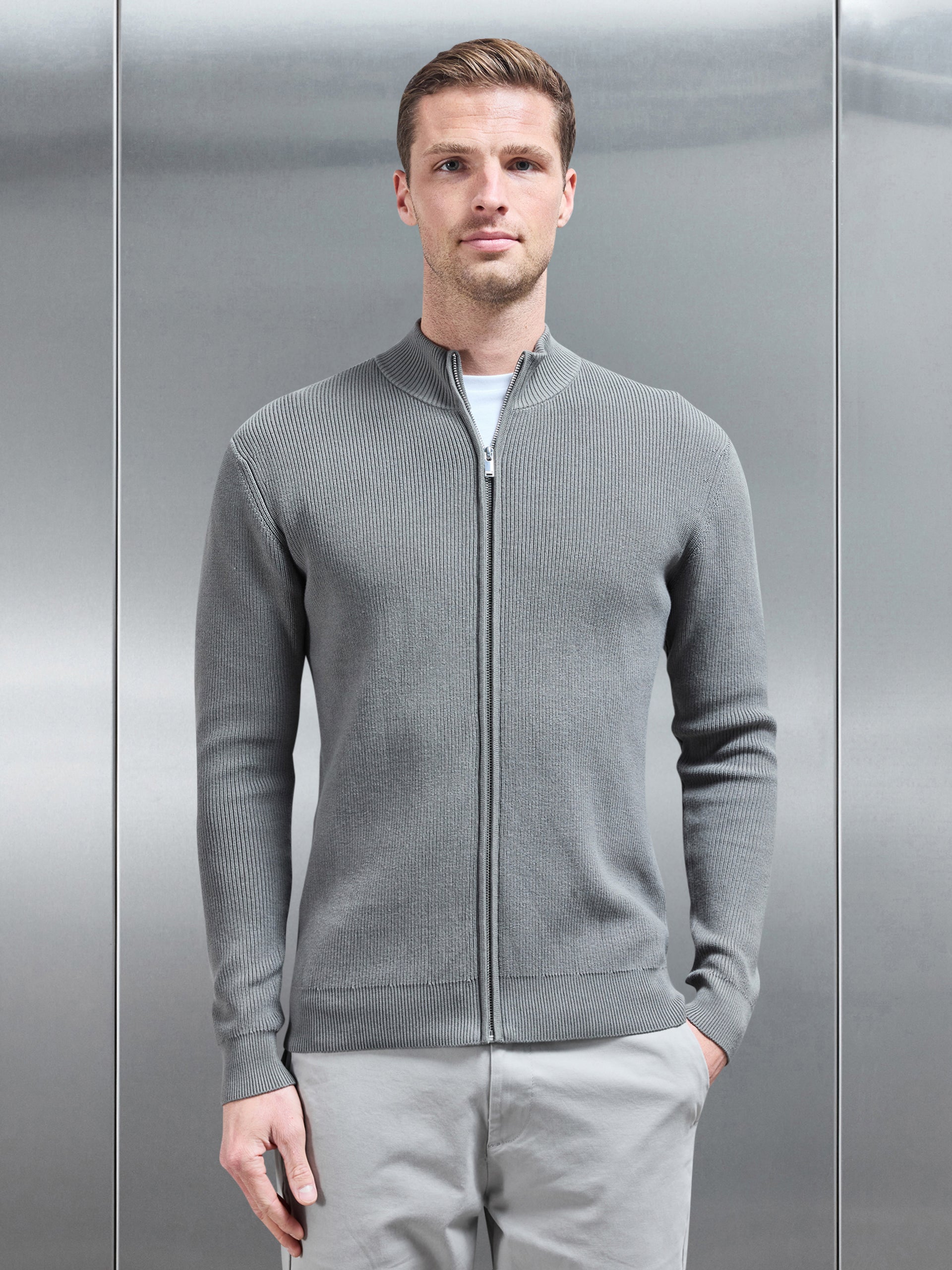 Knitted Ribbed Funnel Neck Zip Through Jacket in Sage