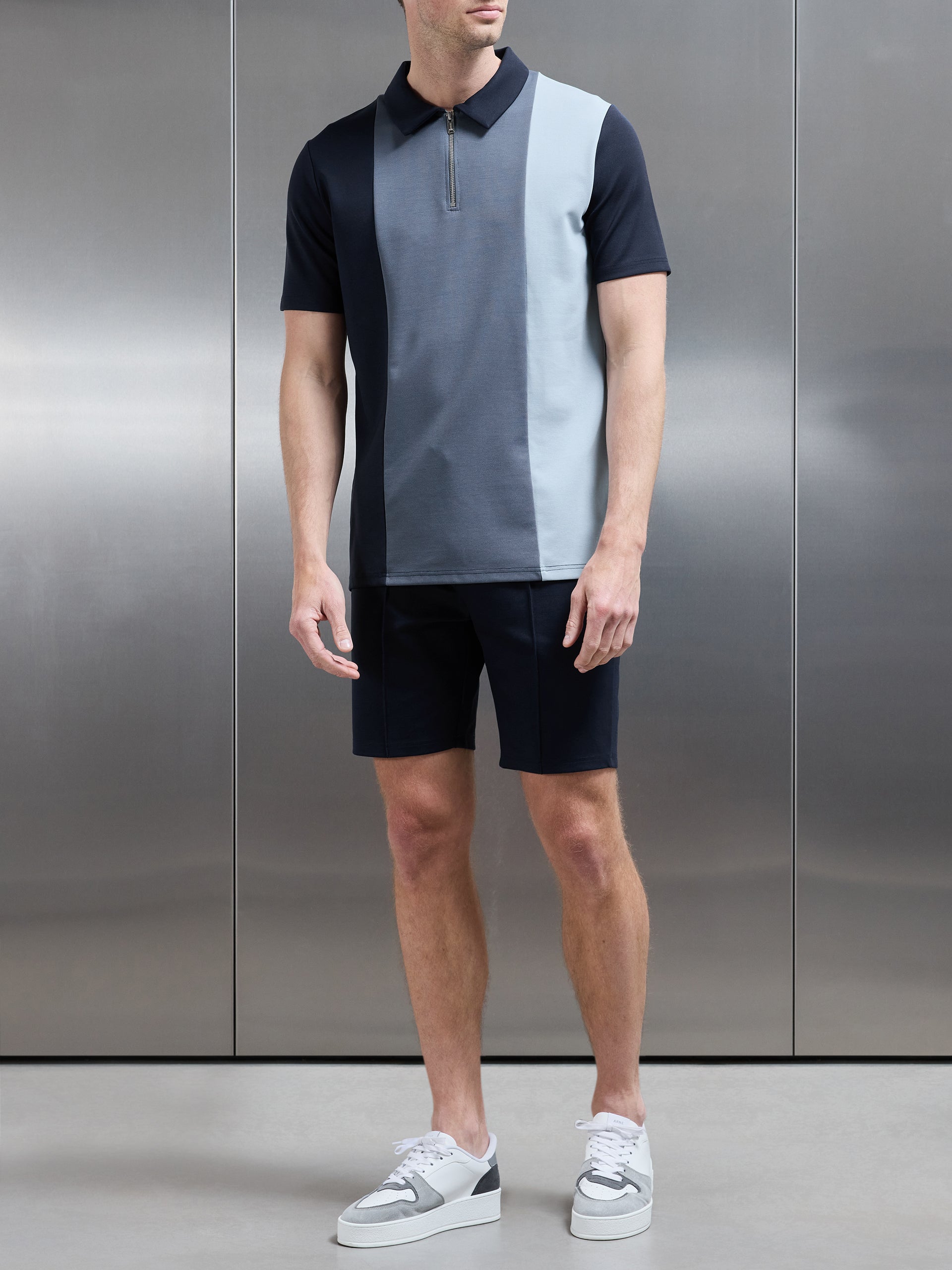 Luxe Colour Block Zip Polo Shirt in Navy