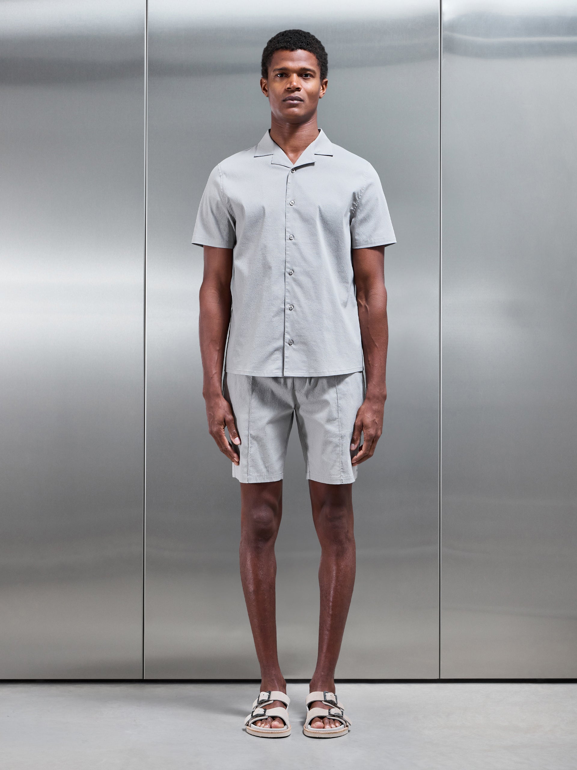 Plain Seersucker Revere Collar Shirt in Stone