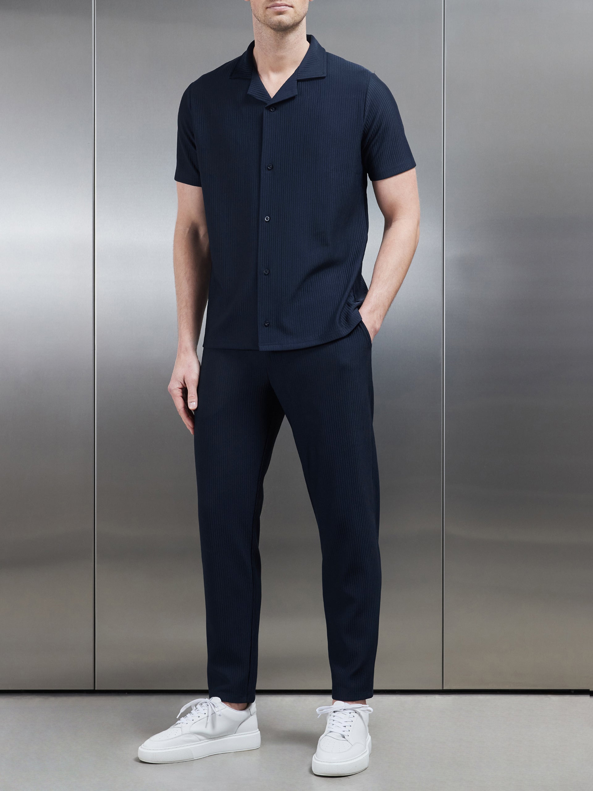 Pleated Textured Revere Collar Shirt in Navy