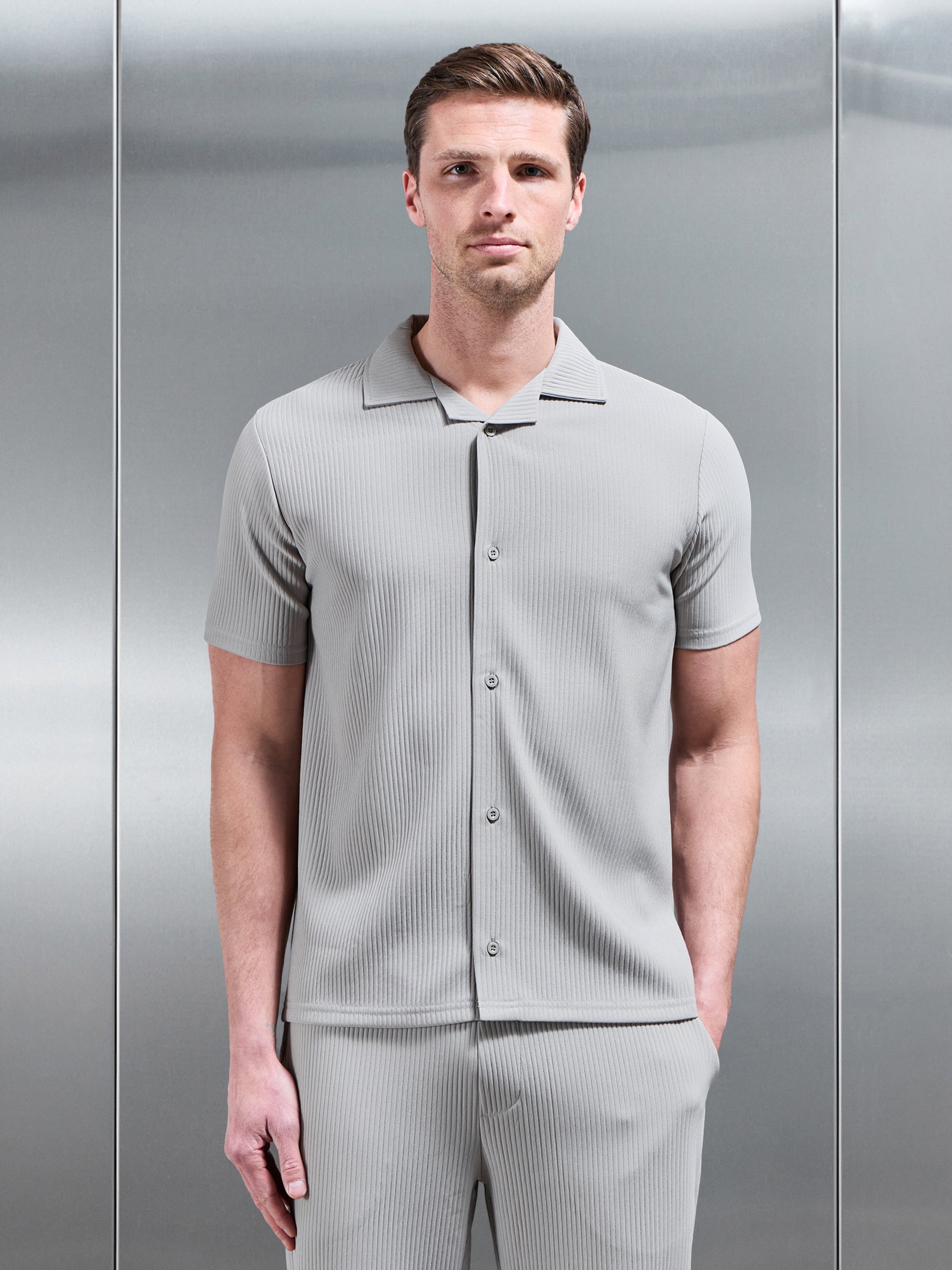 Pleated Textured Revere Collar Shirt in Stone