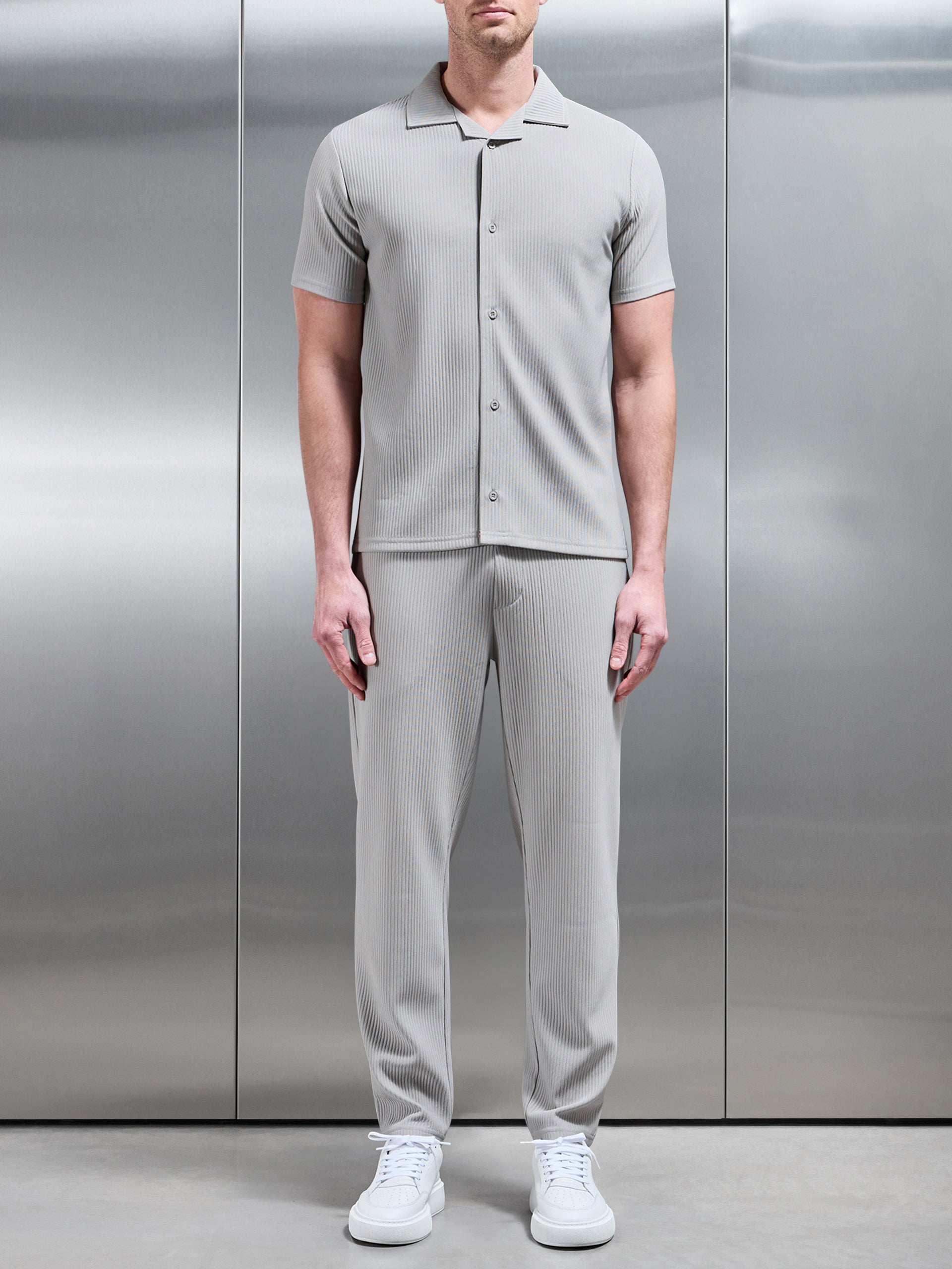 Pleated Textured Revere Collar Shirt in Stone