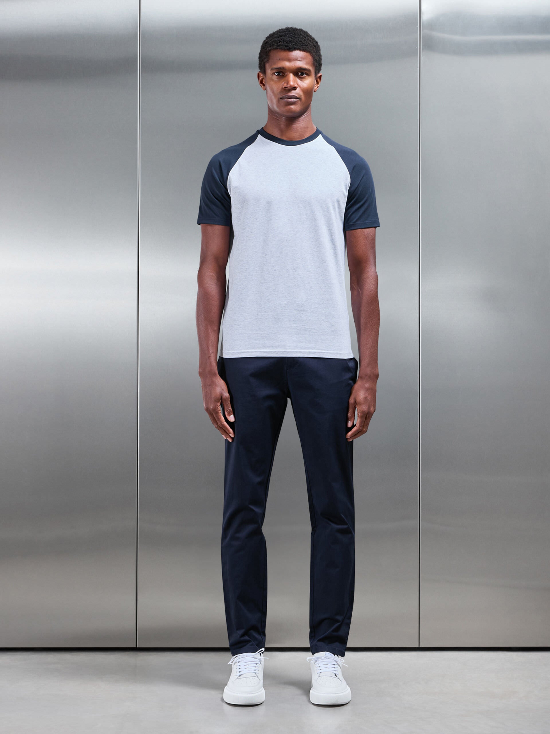 Raglan Slim Fit Stretch Cotton T-Shirt in Marl Grey